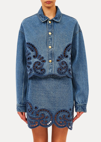 person wearing ulla johnson womens The Bobbi Jacket with Eyelet Cadiz Eyelet Denim river wash