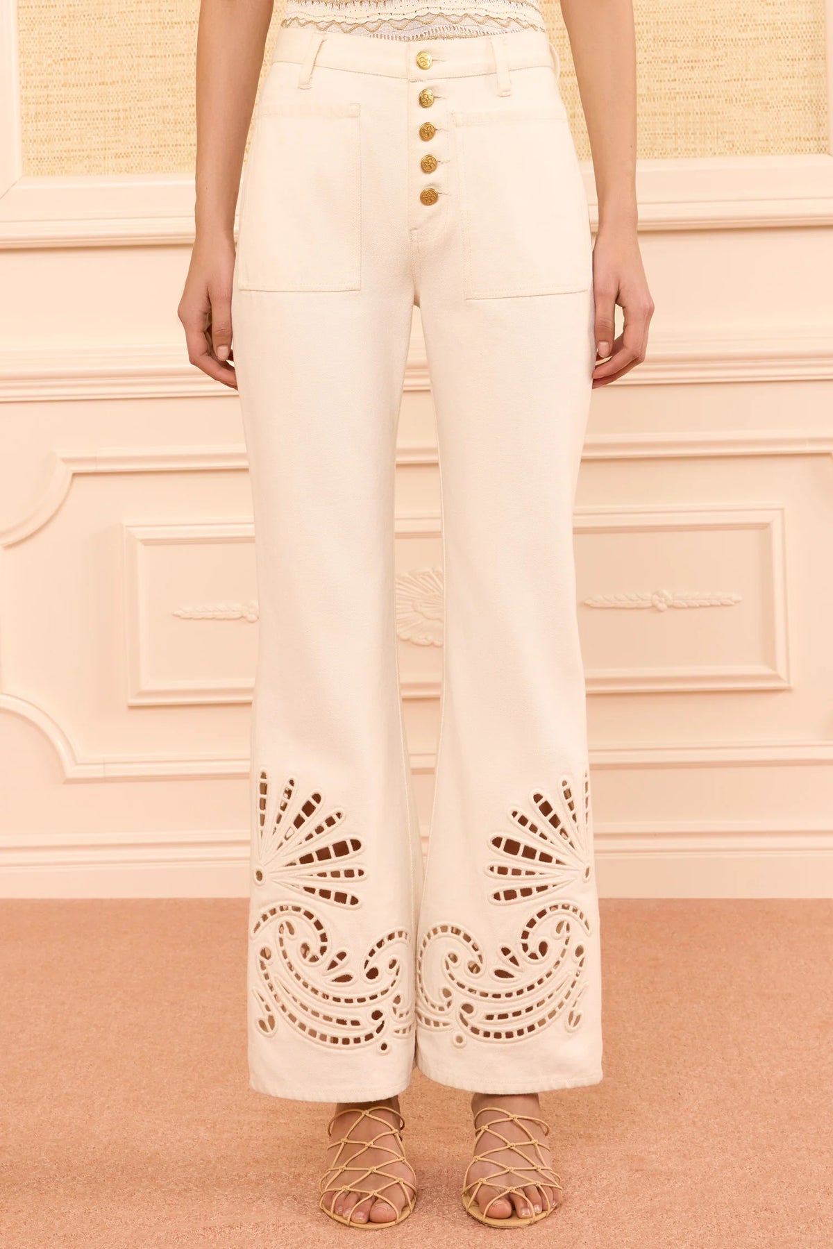 person wearing ulla johnson womens The Lou Jean with Eyelet cowrie ivory wash