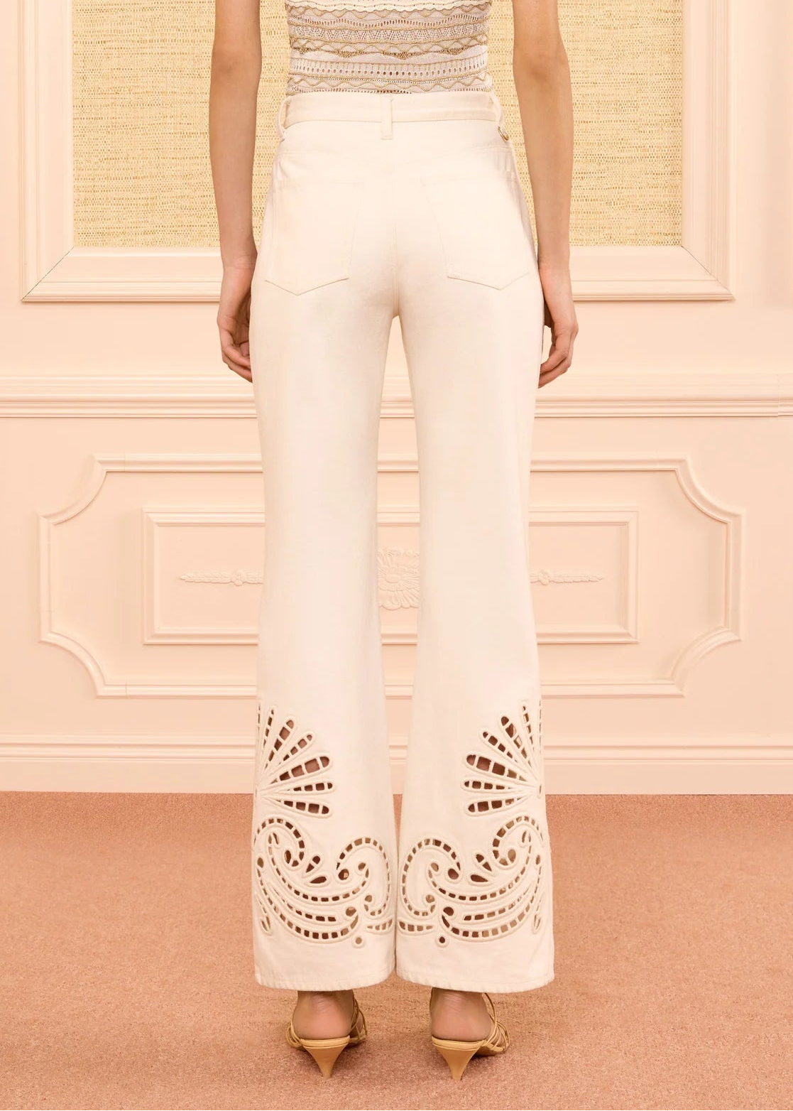 person wearing ulla johnson womens The Lou Jean with Eyelet cowrie ivory wash