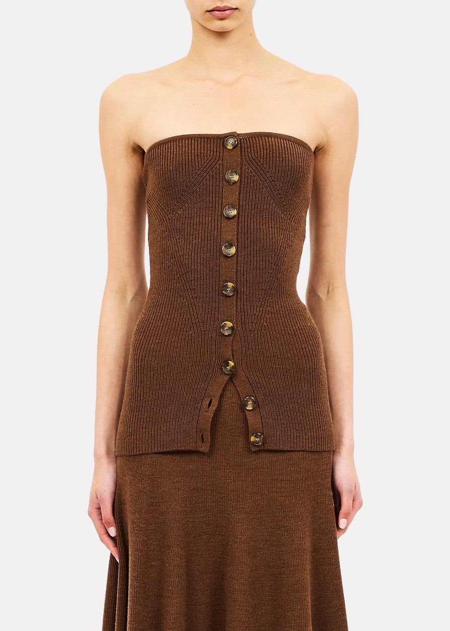 person wearing ulla johnson womens knit Yanni Strapless Knit Top in Clove Brown