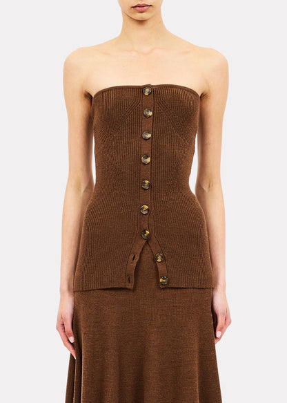 person wearing ulla johnson womens knit Yanni Strapless Knit Top in Clove Brown