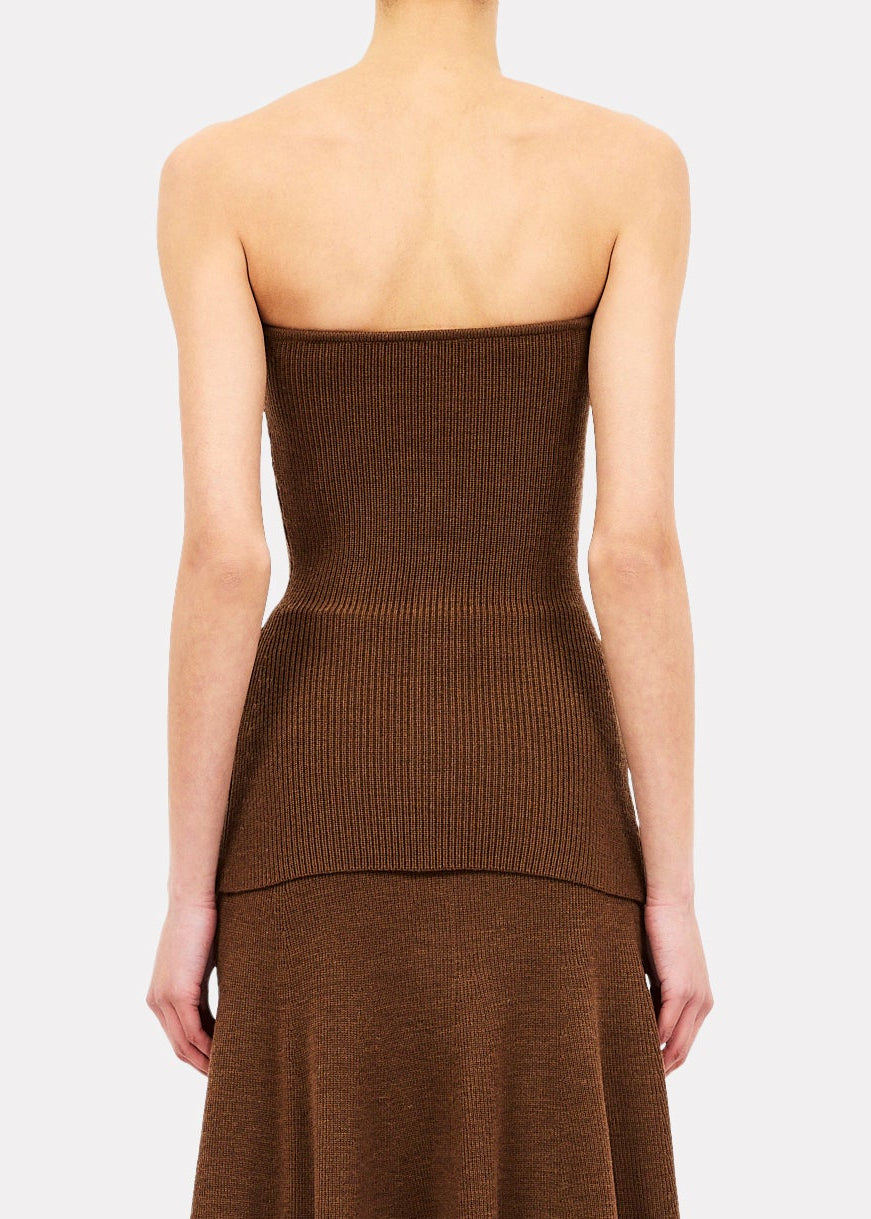 person wearing ulla johnson womens knit Yanni Strapless Knit Top in Clove Brown