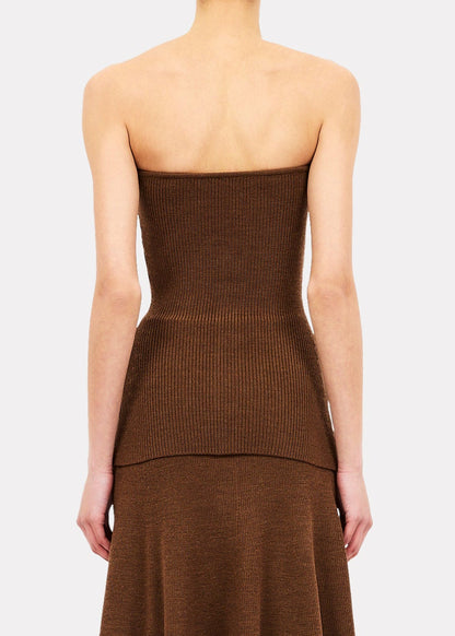 person wearing ulla johnson womens knit Yanni Strapless Knit Top in Clove Brown