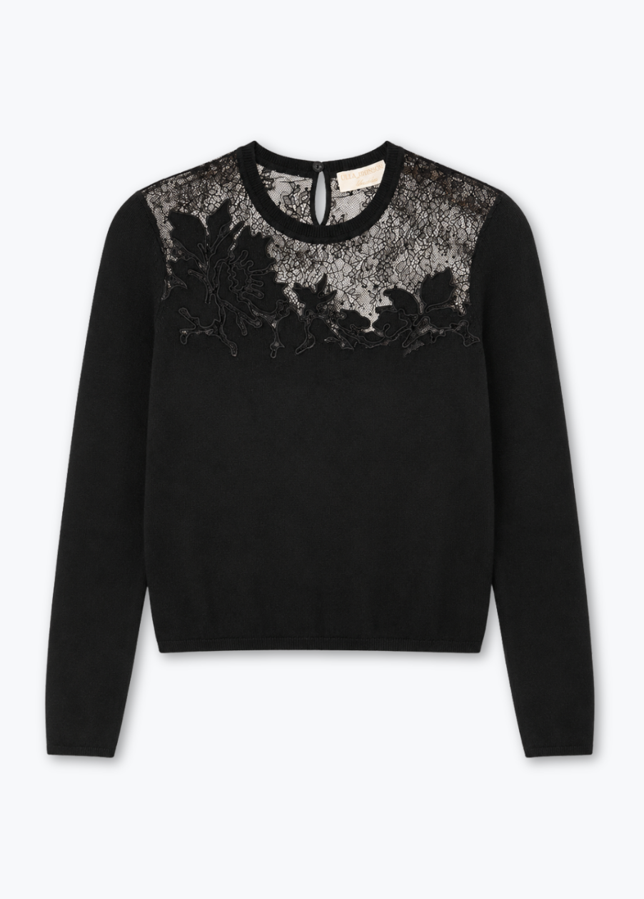 ulla johnson womens merino wool lace Belle Long Sleeve Lace Top black