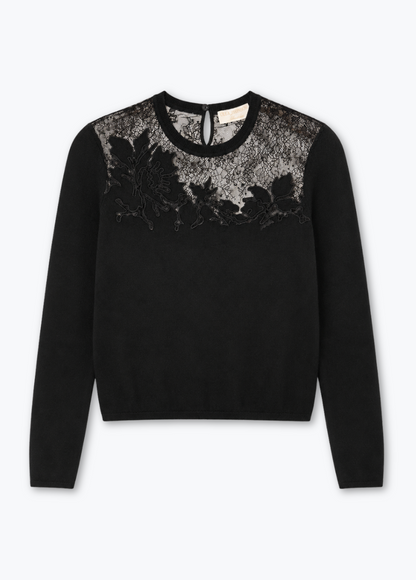 ulla johnson womens merino wool lace Belle Long Sleeve Lace Top black