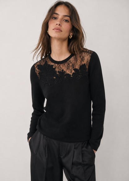 person wearing ulla johnson womens merino wool lace Belle Long Sleeve Lace Top black