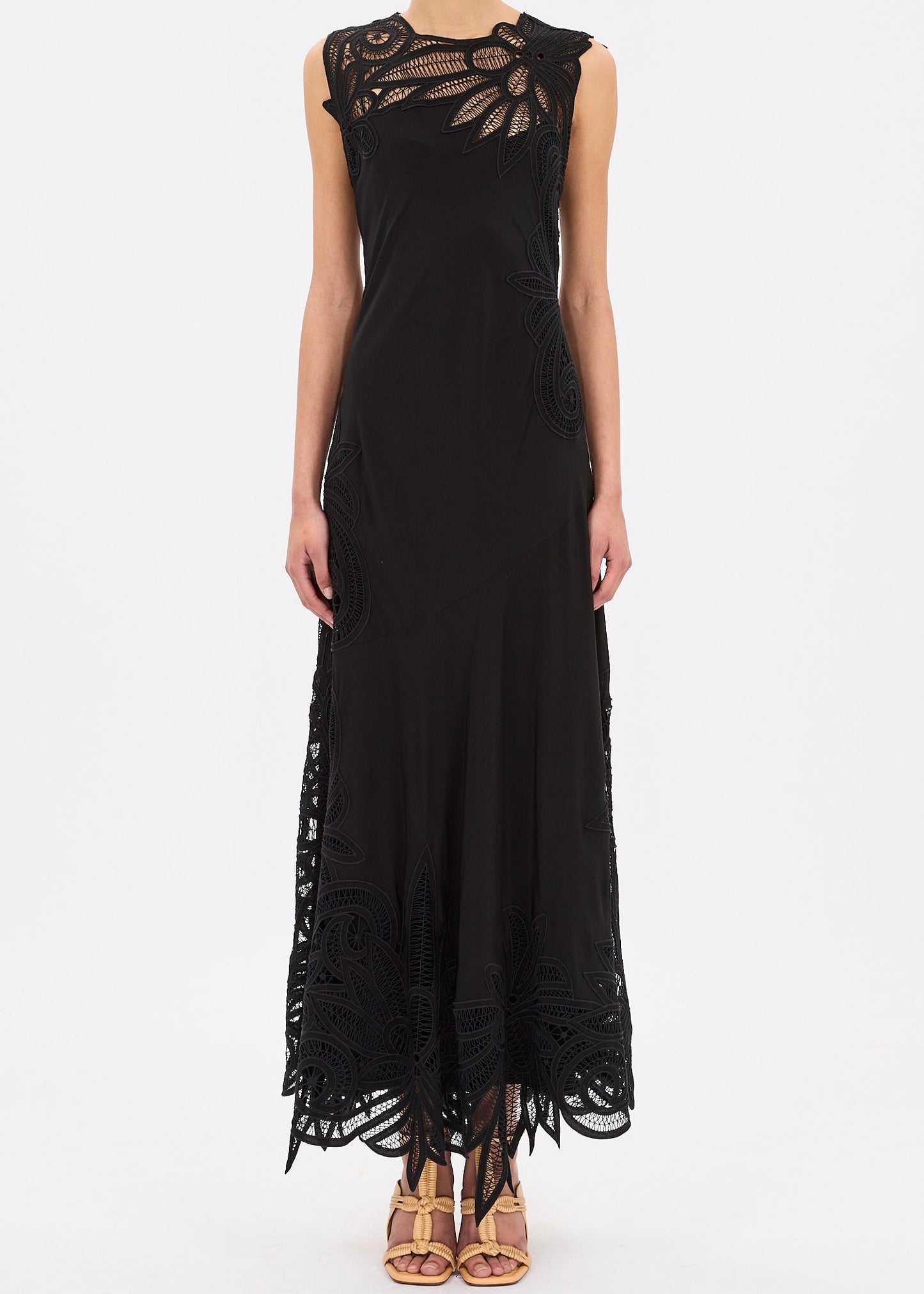 ulla johnson womens sleeveless silk Idra Lace Applique Dress in Noir black