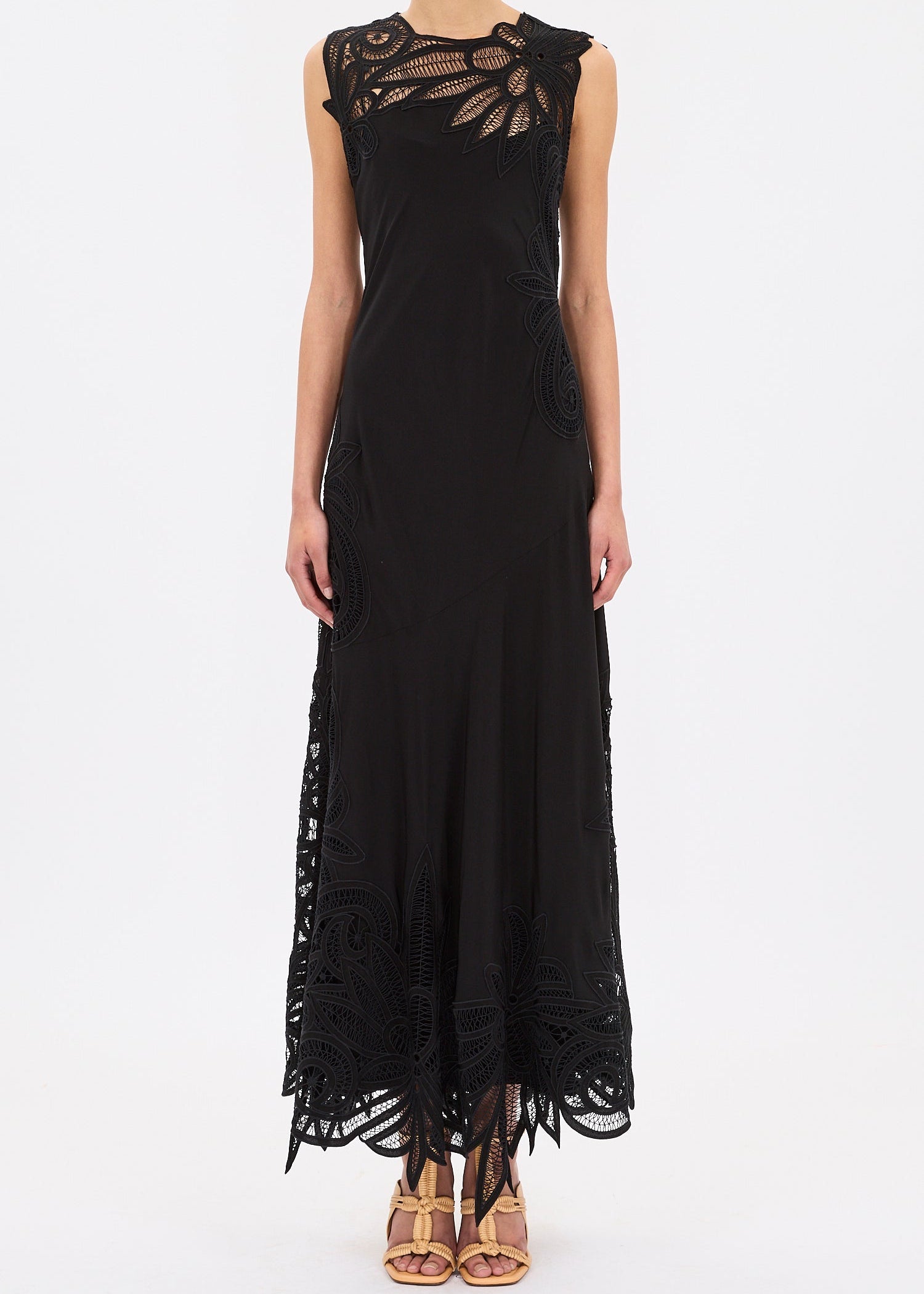 ulla johnson womens sleeveless silk Idra Lace Applique Dress in Noir black