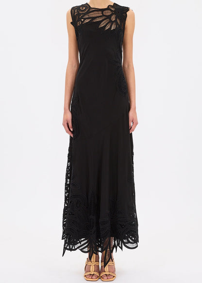 ulla johnson womens sleeveless silk Idra Lace Applique Dress in Noir black