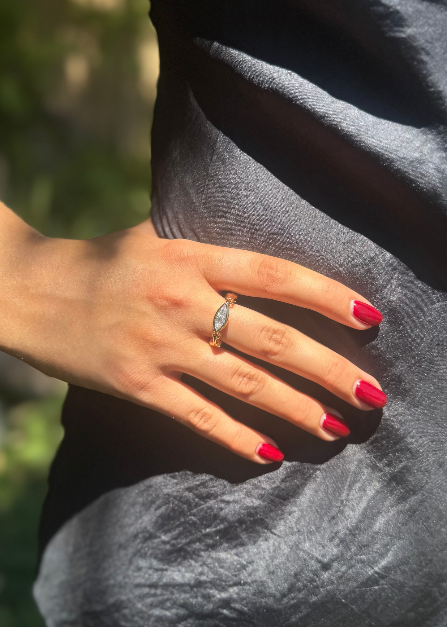 person wearing uniform object fine jewelry 18k yellow gold Supernova Marquise Diamond Stacking Ring
