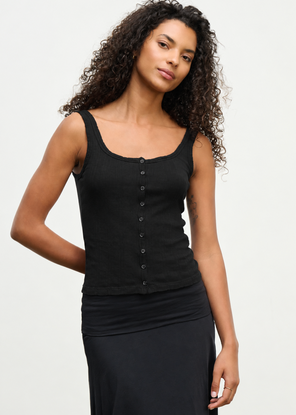 person wearing velvet womens Adelle Pointelle Button Up Tank in Black