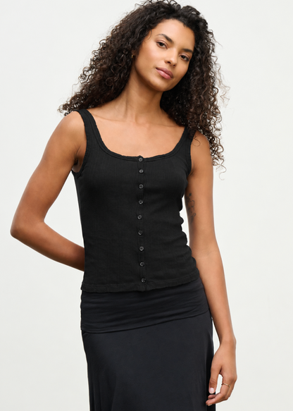 person wearing velvet womens Adelle Pointelle Button Up Tank in Black