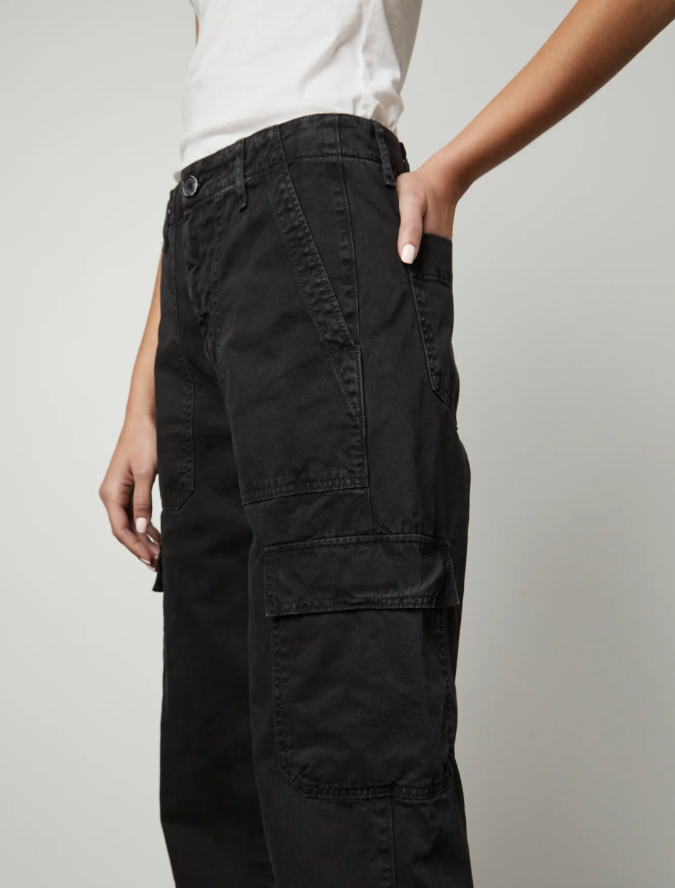 person wearing velvet womens Makayla Sanded Twill Cargo Pants in Vintage Black