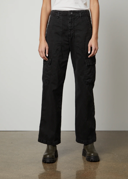 person wearing velvet womens Makayla Sanded Twill Cargo Pants in Vintage Black