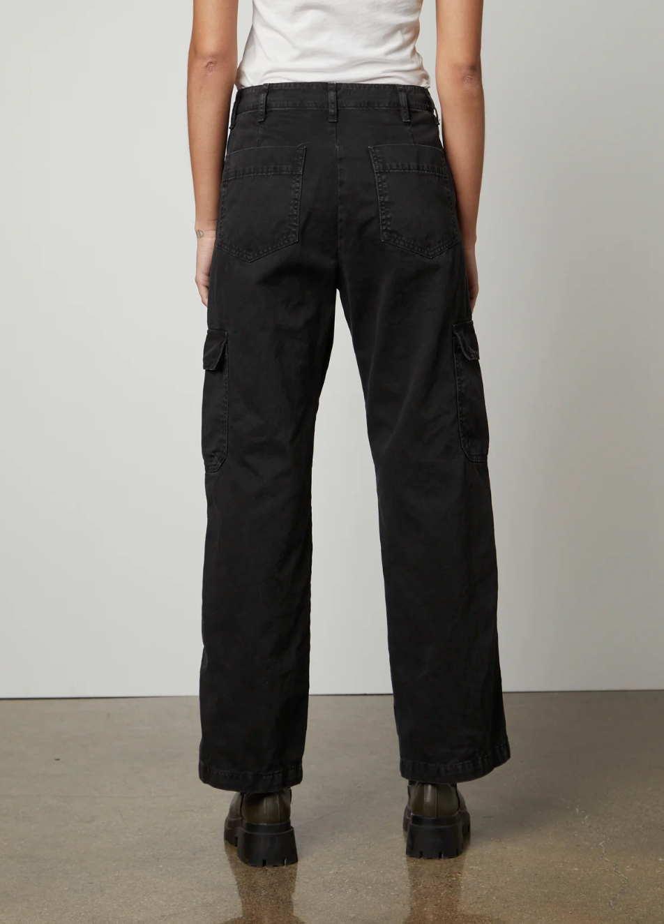 person wearing velvet womens Makayla Sanded Twill Cargo Pants in Vintage Black