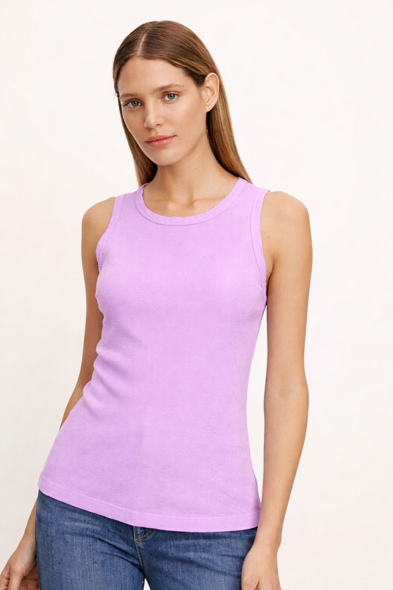 person wearing velvet womens Maxie Ribbed Tank Top in Dahlia pink purple