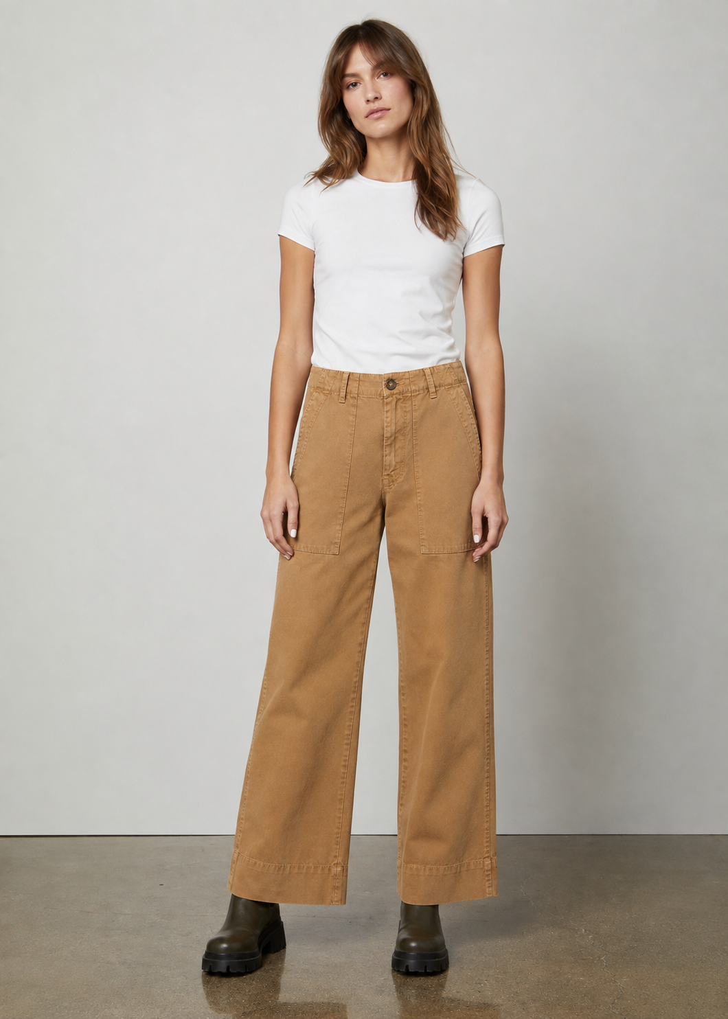 person wearing velvet womens Mya Cotton Canvas Pant in Bark
