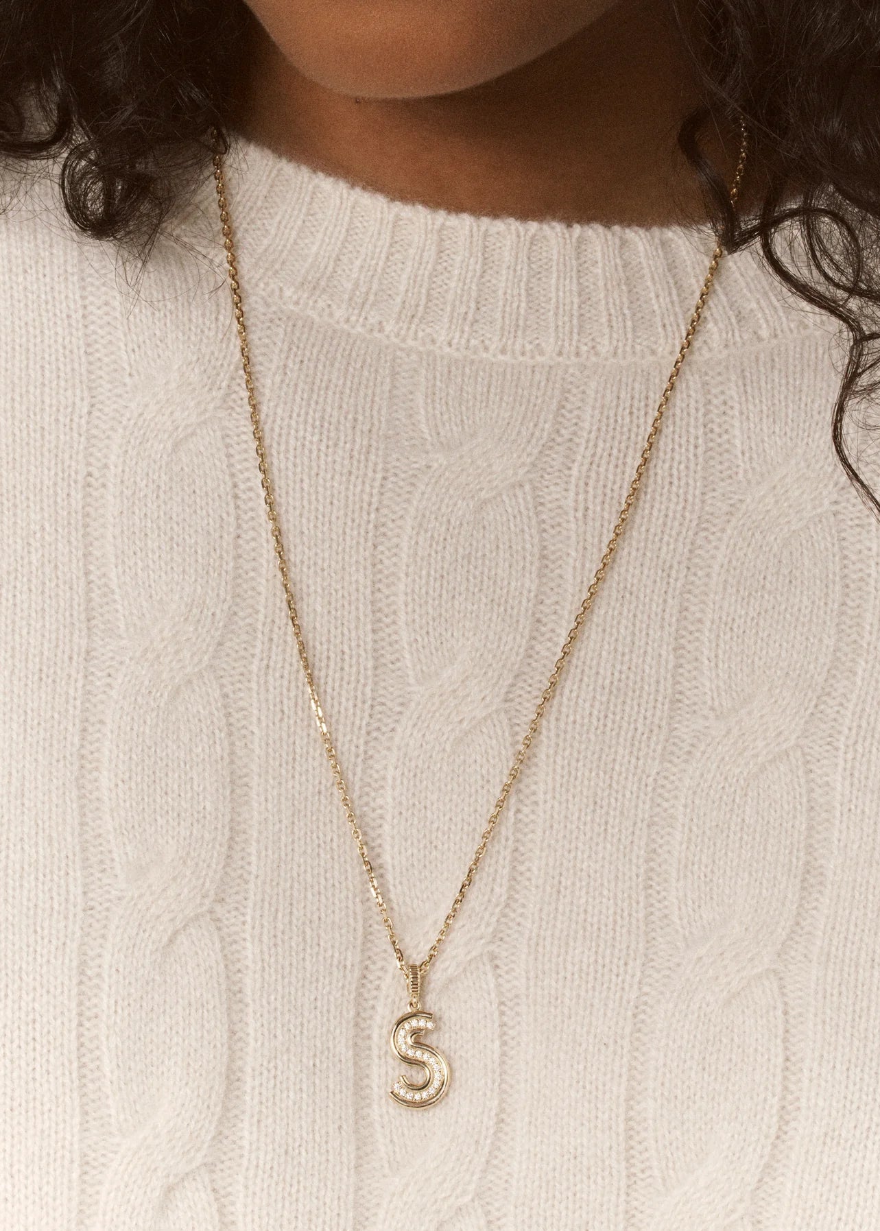 person wearing viltier fine jewelry 18k yellow gold Alpha-Edge Diamond Pavé Letter Charm letter S