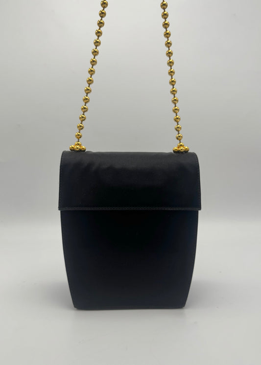 vintage salvatore ferragamo Vintage black purple Satin Shoulder Bag with Gold Ball Chain
