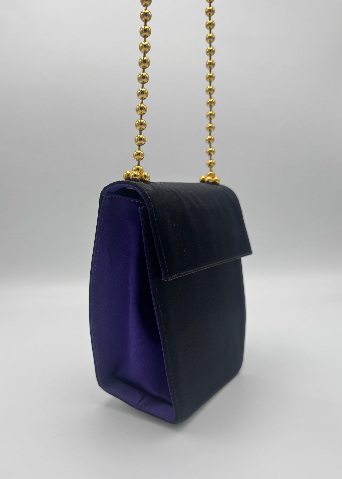 vintage salvatore ferragamo Vintage black purple Satin Shoulder Bag with Gold Ball Chain