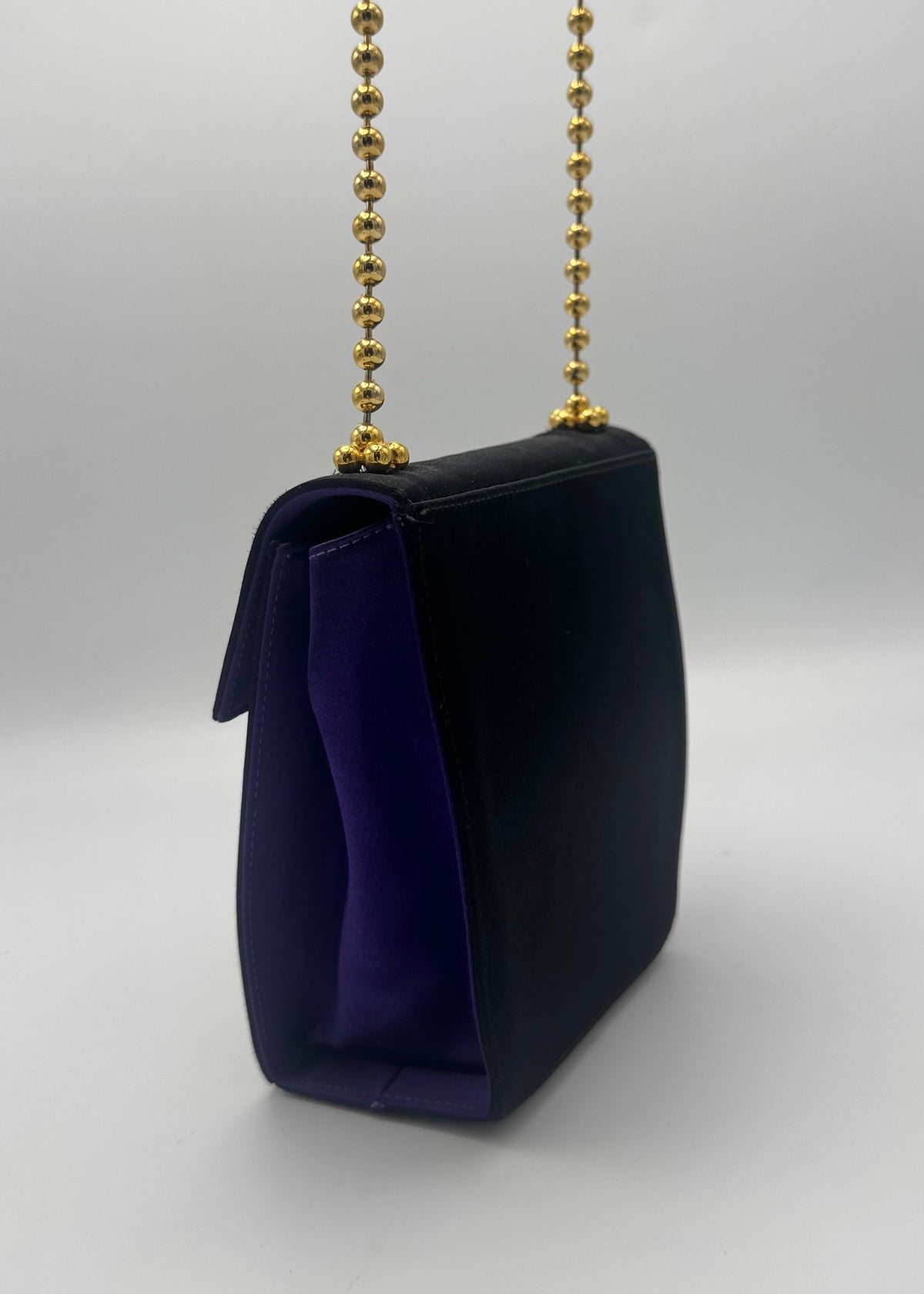 vintage salvatore ferragamo Vintage black purple Satin Shoulder Bag with Gold Ball Chain