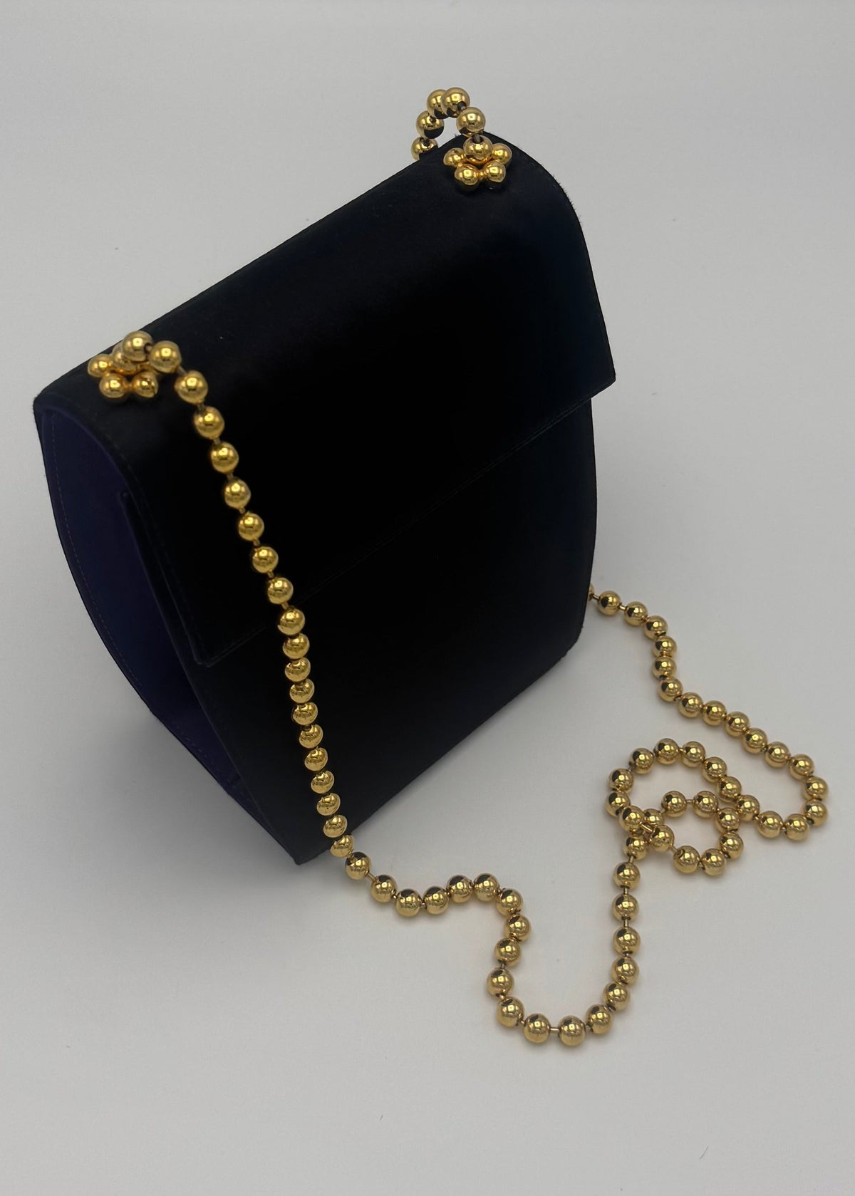 vintage salvatore ferragamo Vintage black purple Satin Shoulder Bag with Gold Ball Chain