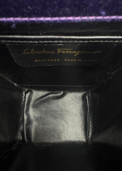 vintage salvatore ferragamo Vintage black purple Satin Shoulder Bag with Gold Ball Chain