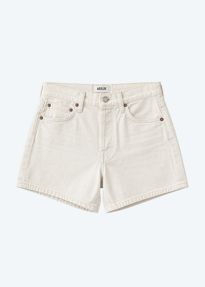 womens AGolde Parker Long Denim Short in Dough White