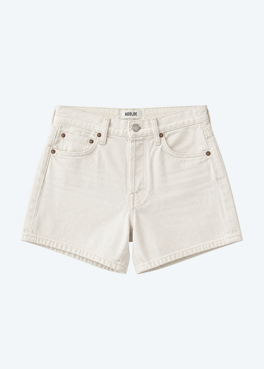 womens AGolde Parker Long Denim Short in Dough White