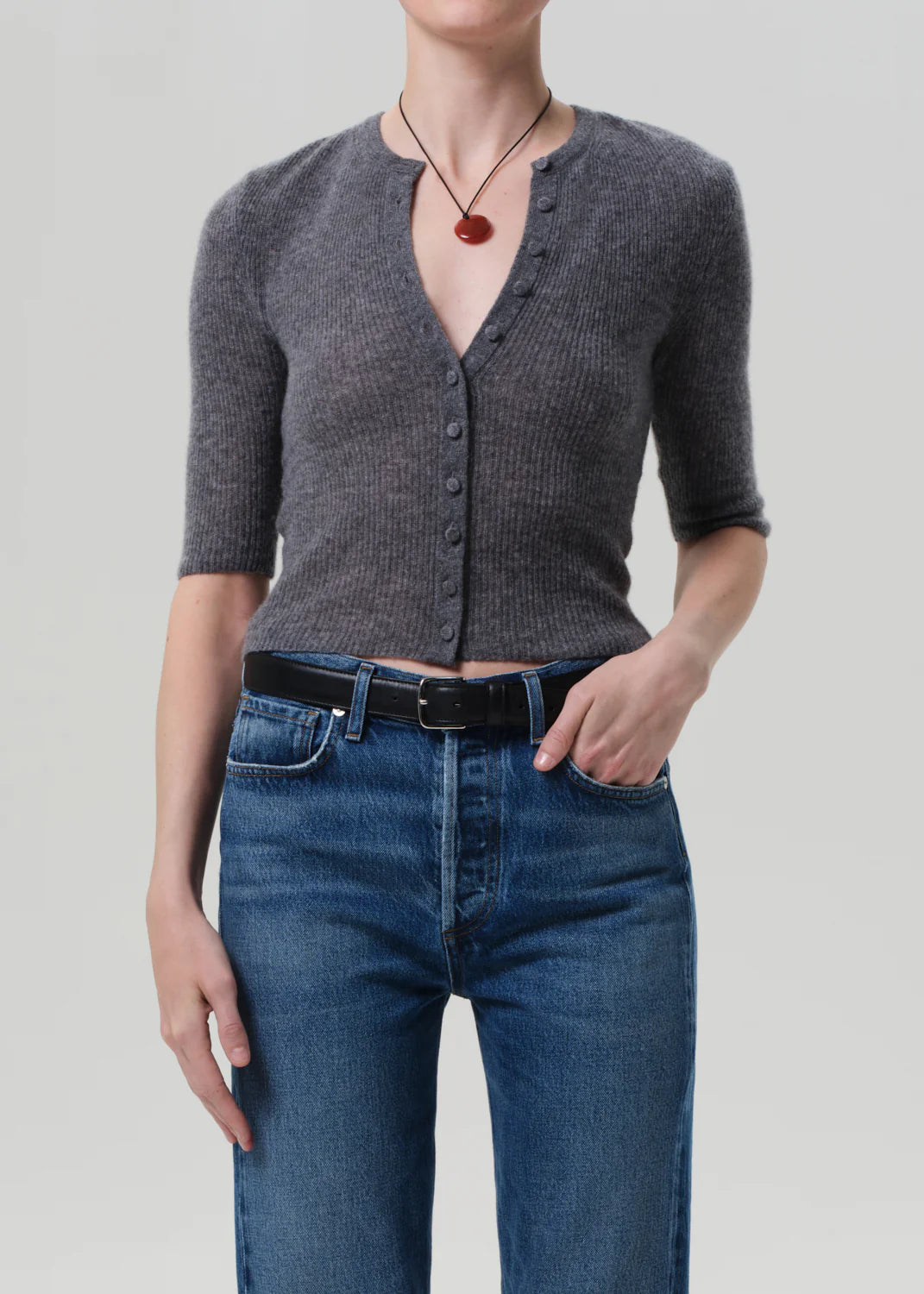 person wearing womens citizens of humanity Tabitha Long Sleeve Cardigan in Charcoal Heather cashmere