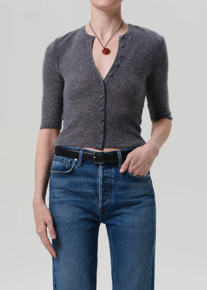 person wearing womens citizens of humanity Tabitha Long Sleeve Cardigan in Charcoal Heather cashmere