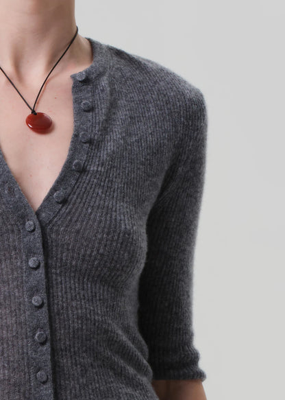 person wearing womens citizens of humanity Tabitha Long Sleeve Cardigan in Charcoal Heather cashmere