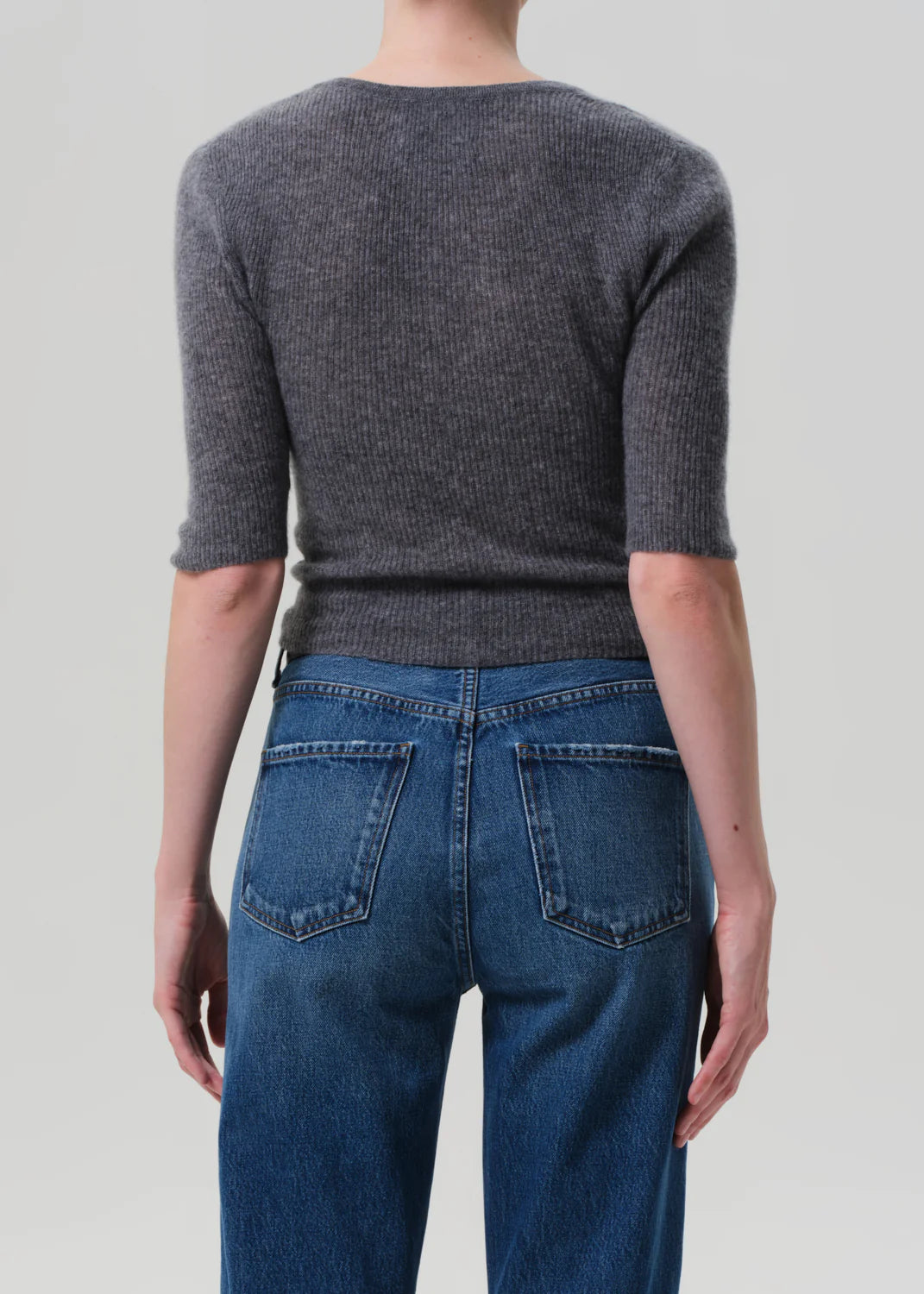 person wearing womens citizens of humanity Tabitha Long Sleeve Cardigan in Charcoal Heather cashmere