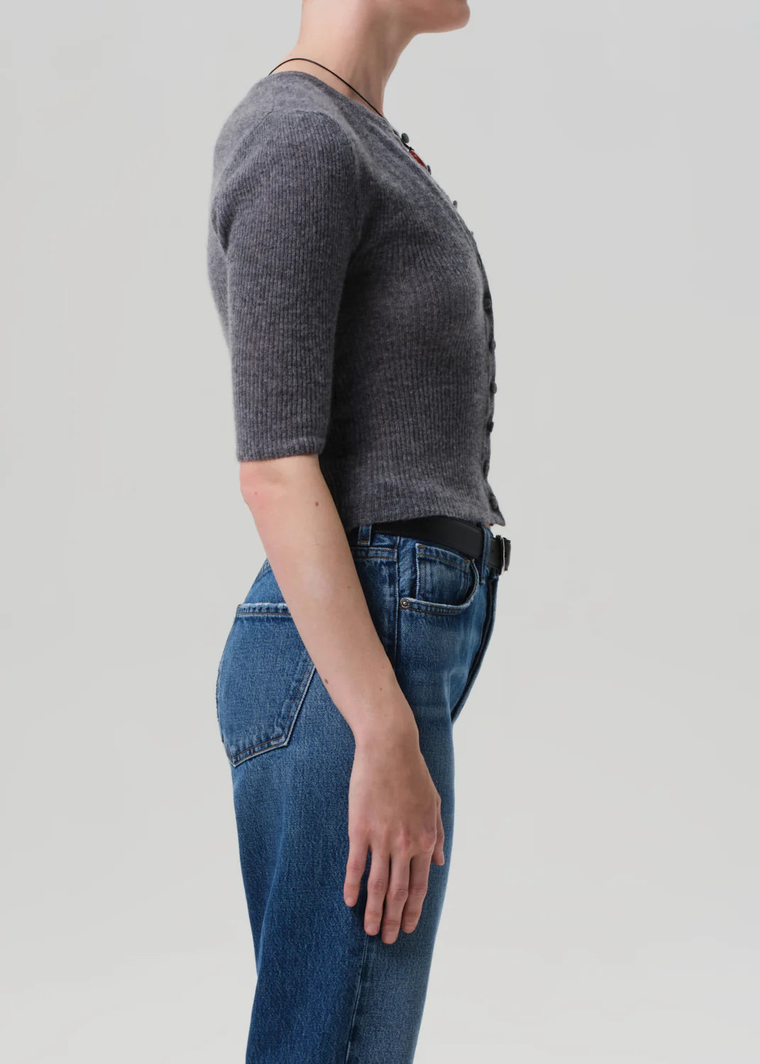 person wearing womens citizens of humanity Tabitha Long Sleeve Cardigan in Charcoal Heather cashmere