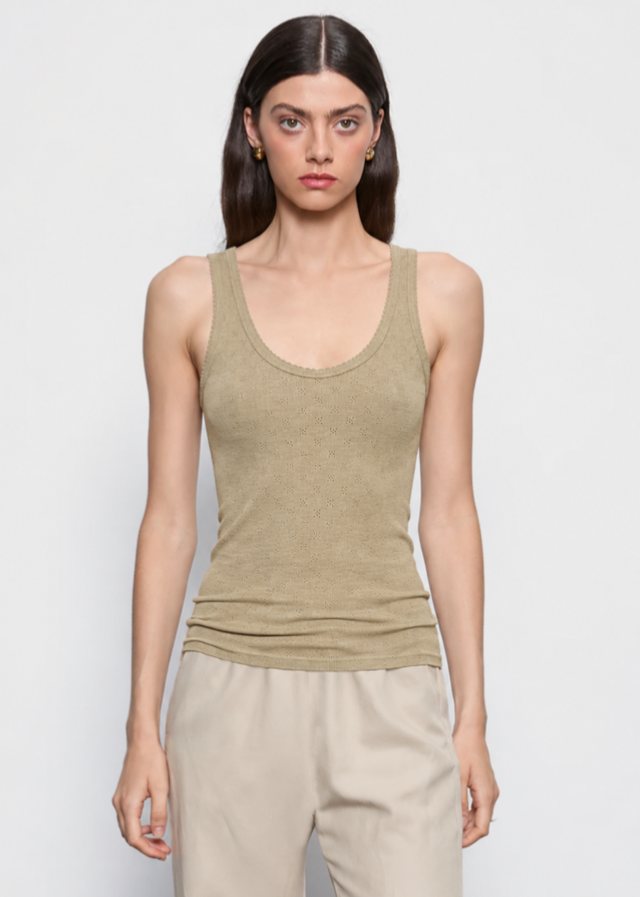 Person wearing womens enza costa Scallop Edge Pointelle Tank in Tan