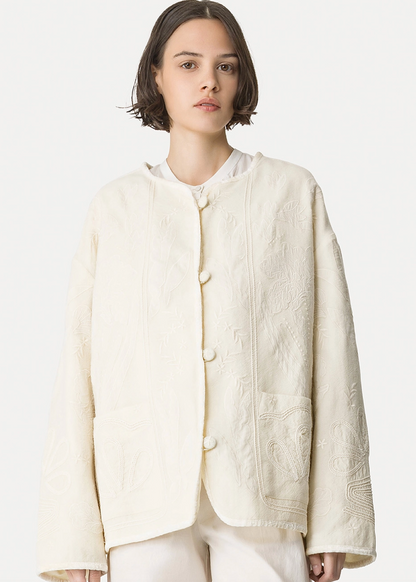 person wearing womens forte forte Iris Velvet Embroidered Blouson in avorio cream white
