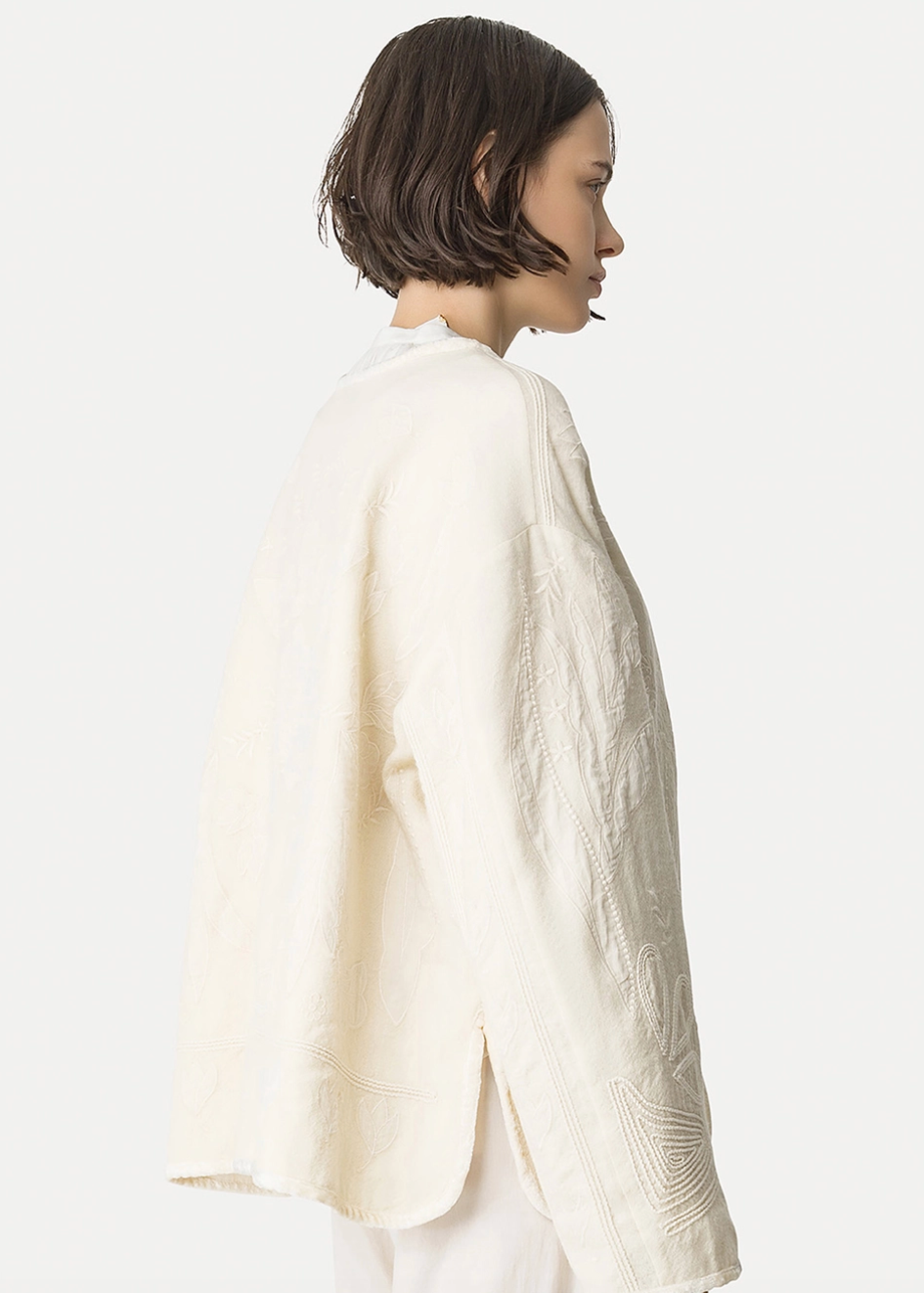 person wearing womens forte forte Iris Velvet Embroidered Blouson in avorio cream white