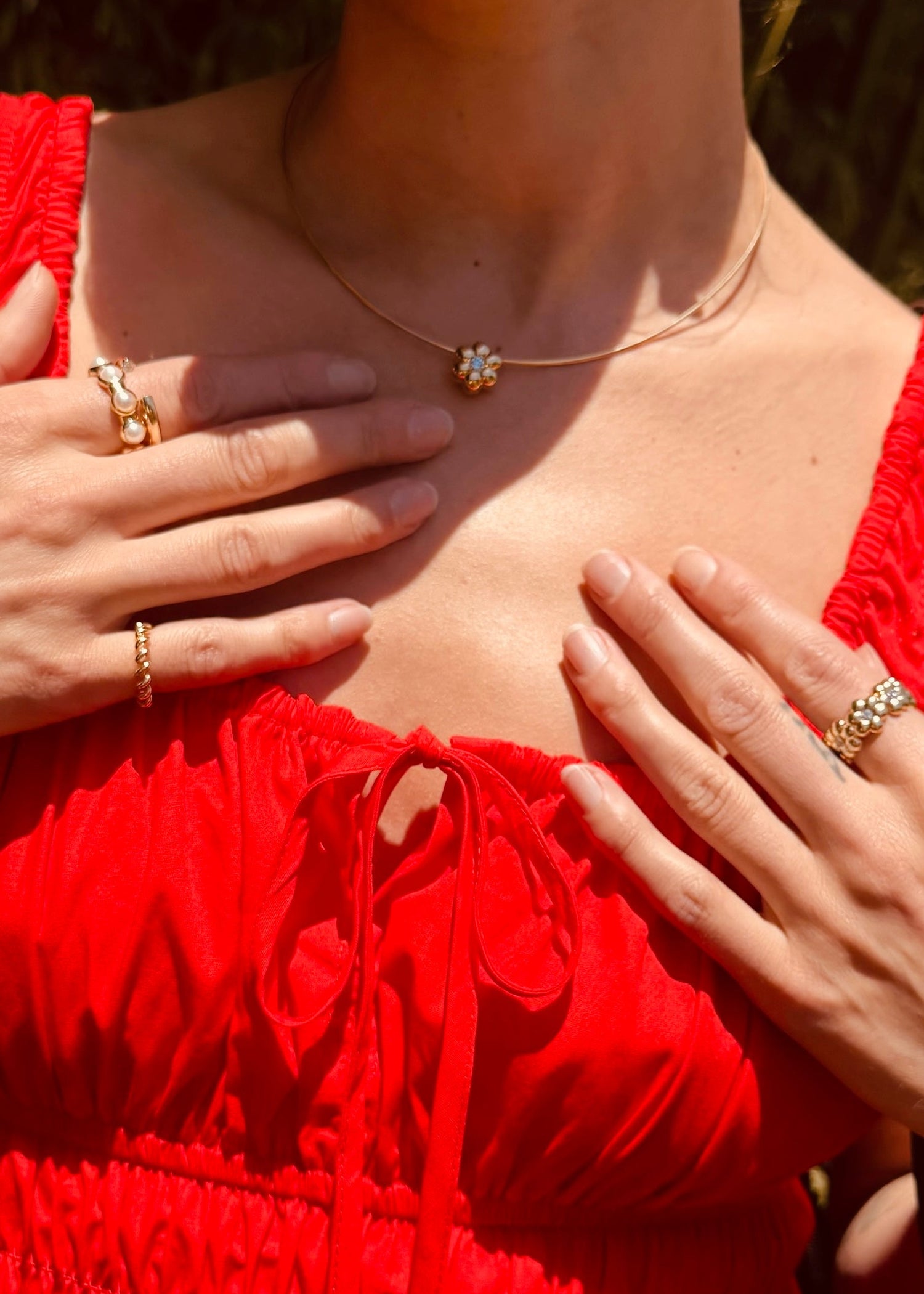 PERSON WEARING womens new arrivals ciao lucia Iris Cotton Poplin Dress in Red boochier fine jewelry flower puff collection
