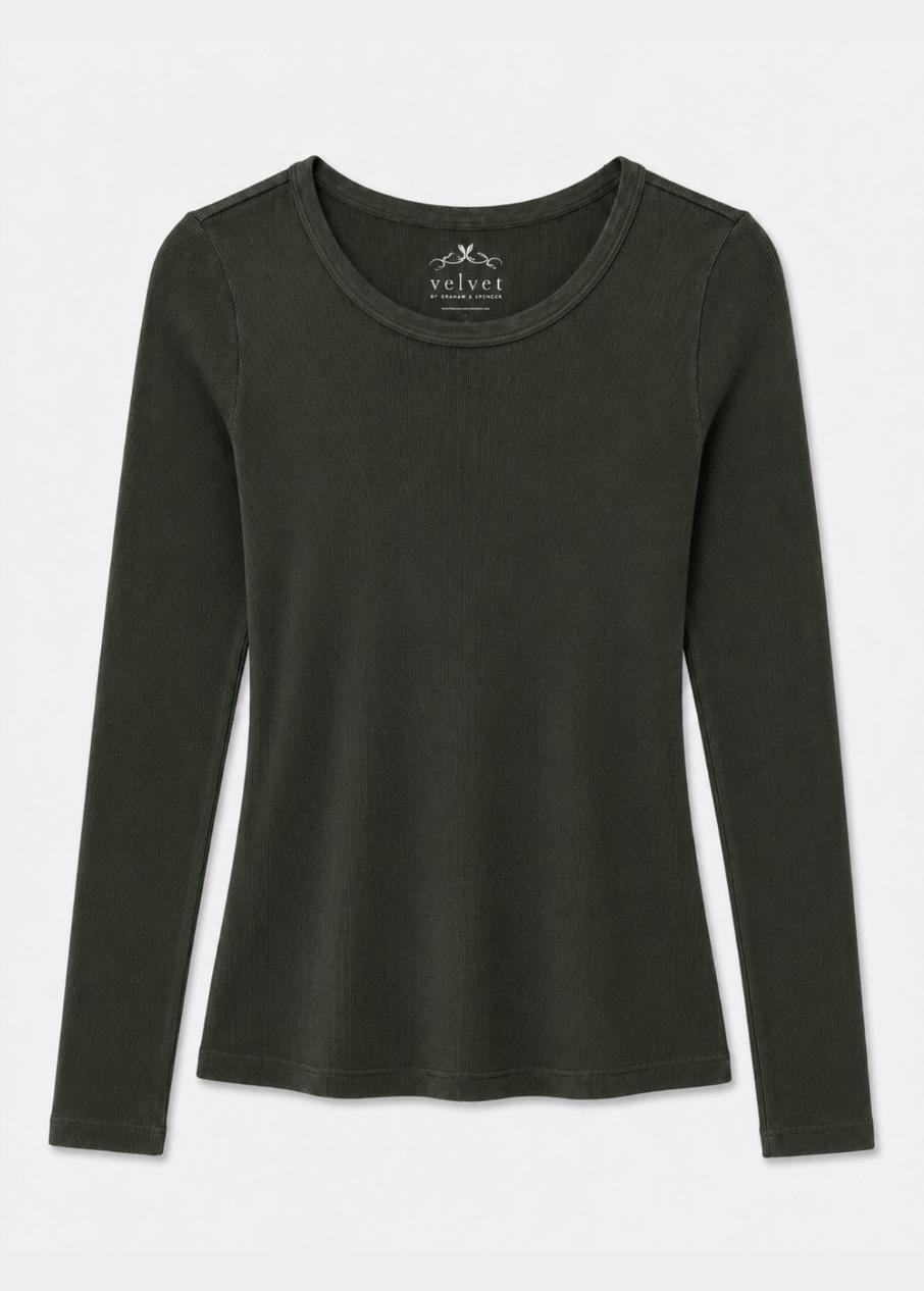 womens velvet tees Bayler Ribbed Scoop Neck Tee in Hedge green