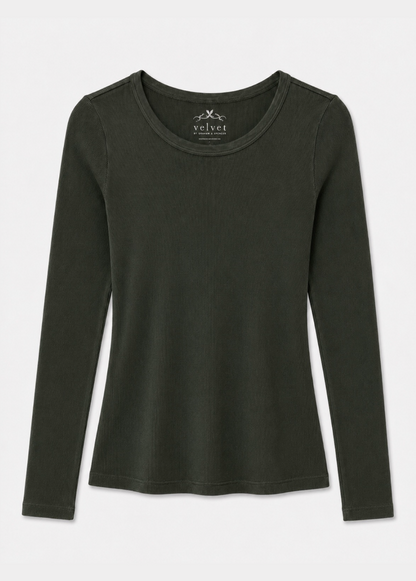 womens velvet tees Bayler Ribbed Scoop Neck Tee in Hedge green