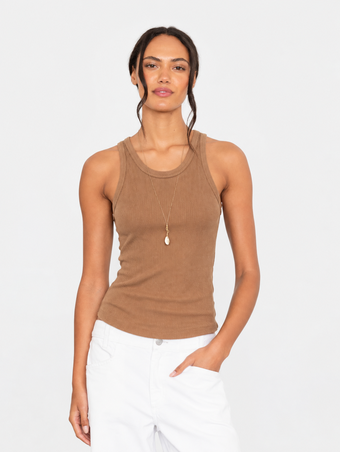Person wearing xirena womens Arynn Tank in Sand Dune