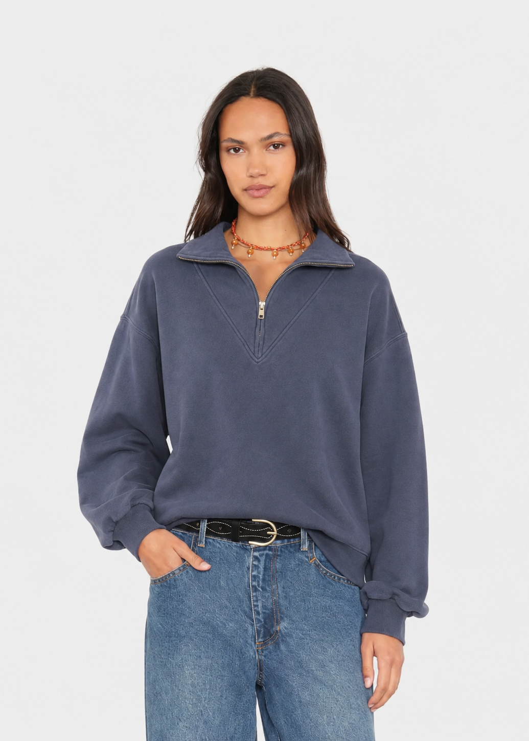 person wearing xirena womens Clark Pullover Sweatshirt in Hudson Blue