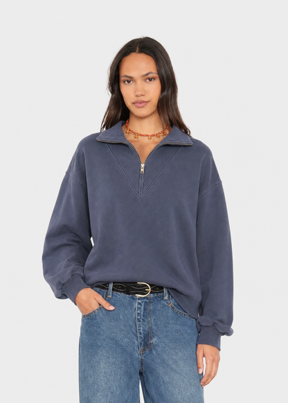 person wearing xirena womens Clark Pullover Sweatshirt in Hudson Blue
