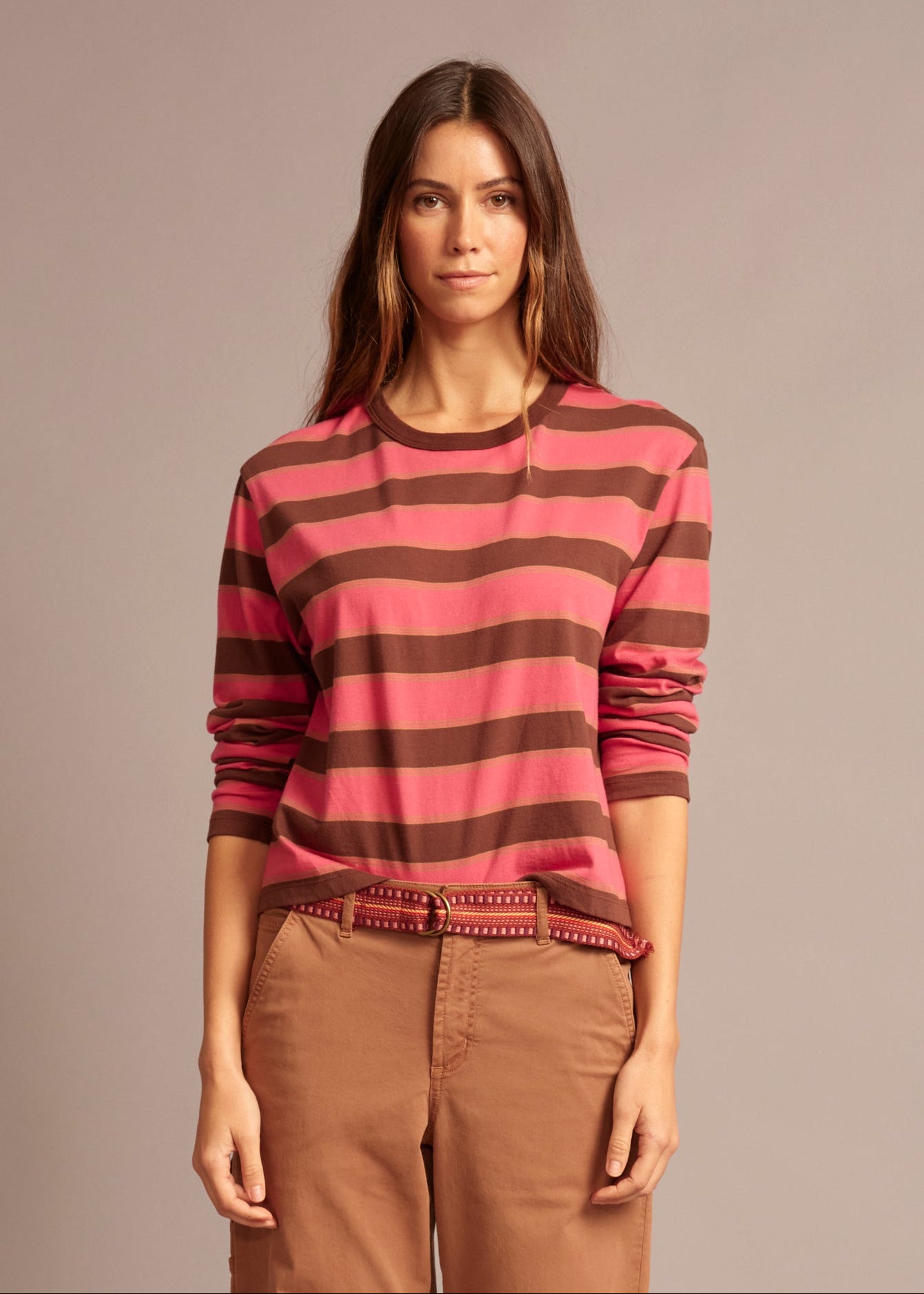 person wearing xirena womens Terrance Tee in Chocolate Cherry Stripe