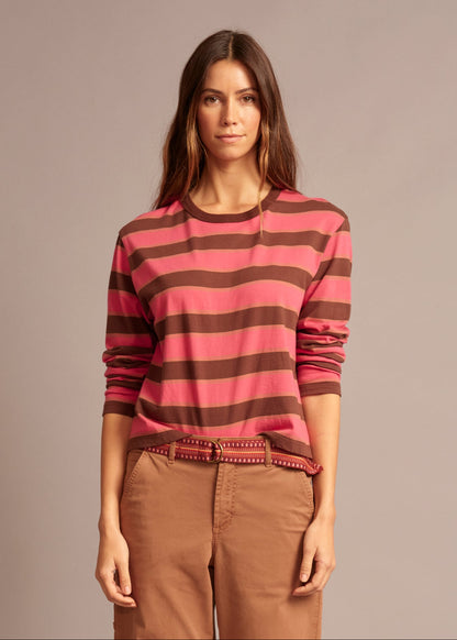 person wearing xirena womens Terrance Tee in Chocolate Cherry Stripe