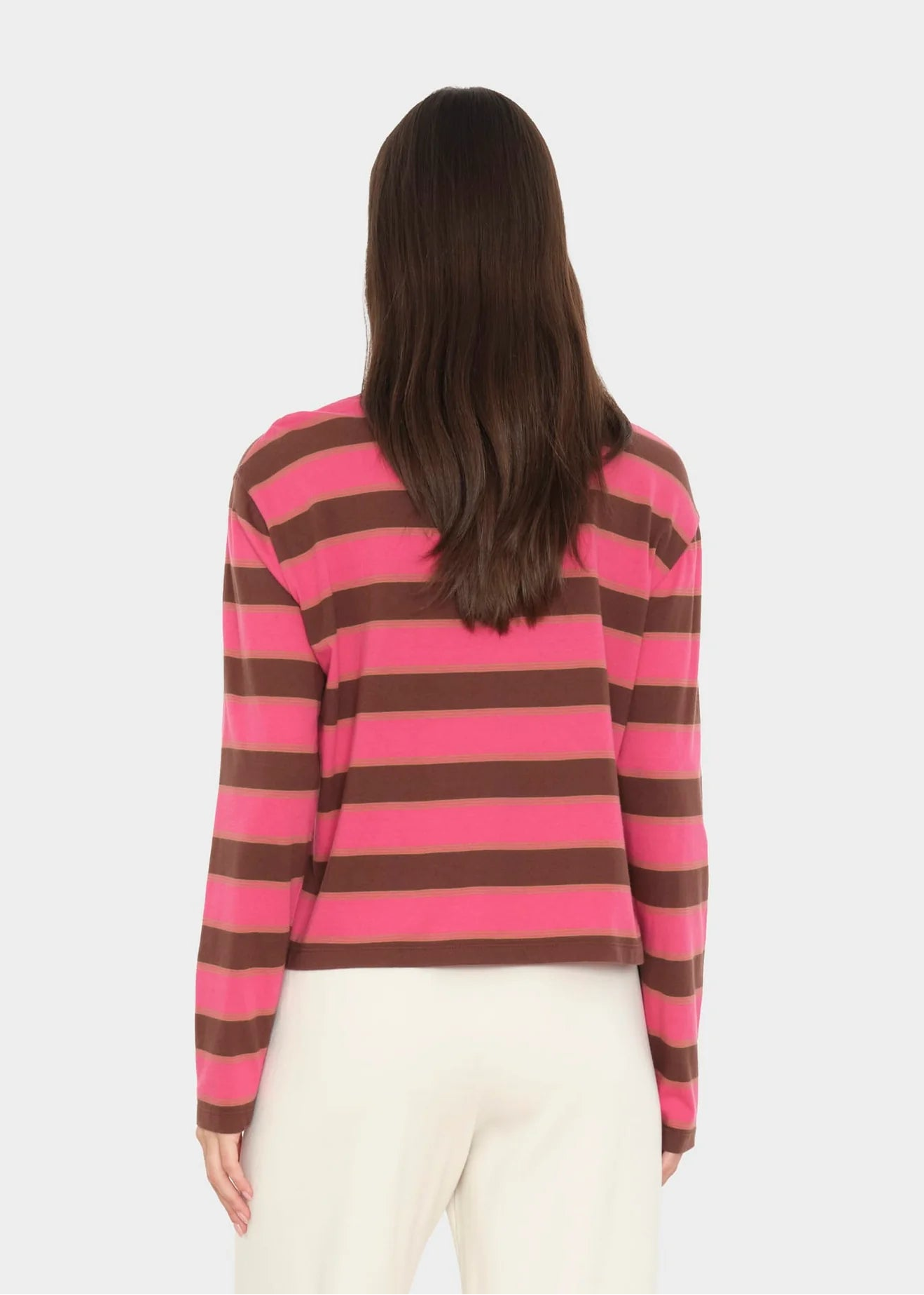 person wearing xirena womens Terrance Tee in Chocolate Cherry Stripe