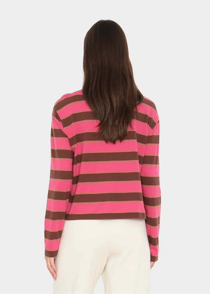 person wearing xirena womens Terrance Tee in Chocolate Cherry Stripe