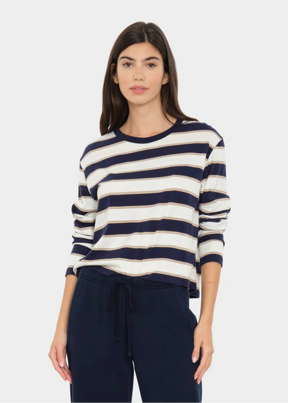person wearing xirena womens Terrance Tee in Navy Crescent Stripe