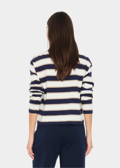 person wearing xirena womens Terrance Tee in Navy Crescent Stripe