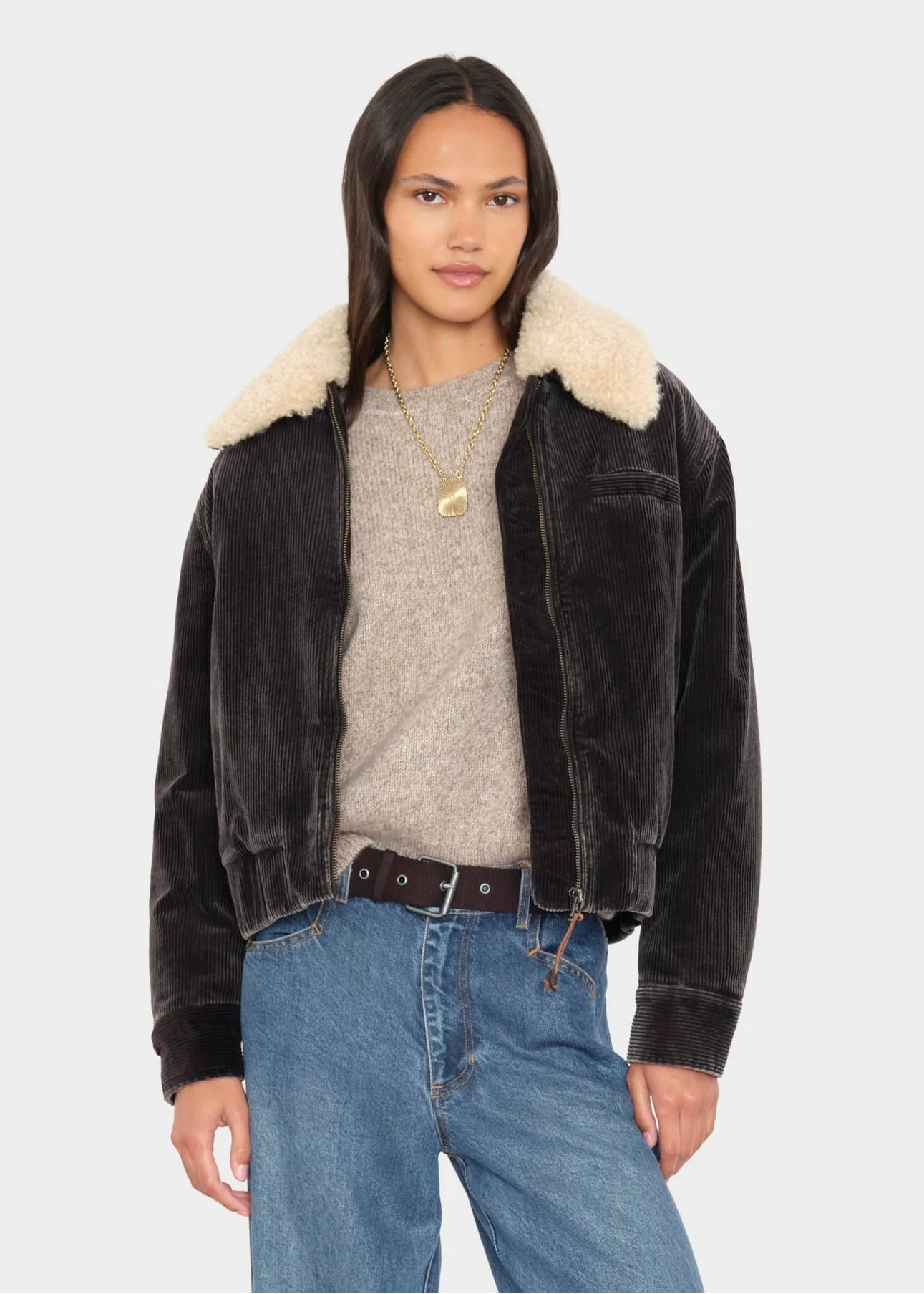 person wearing xirena womens corduroy Bradley Jacket black flint with sherpa collar